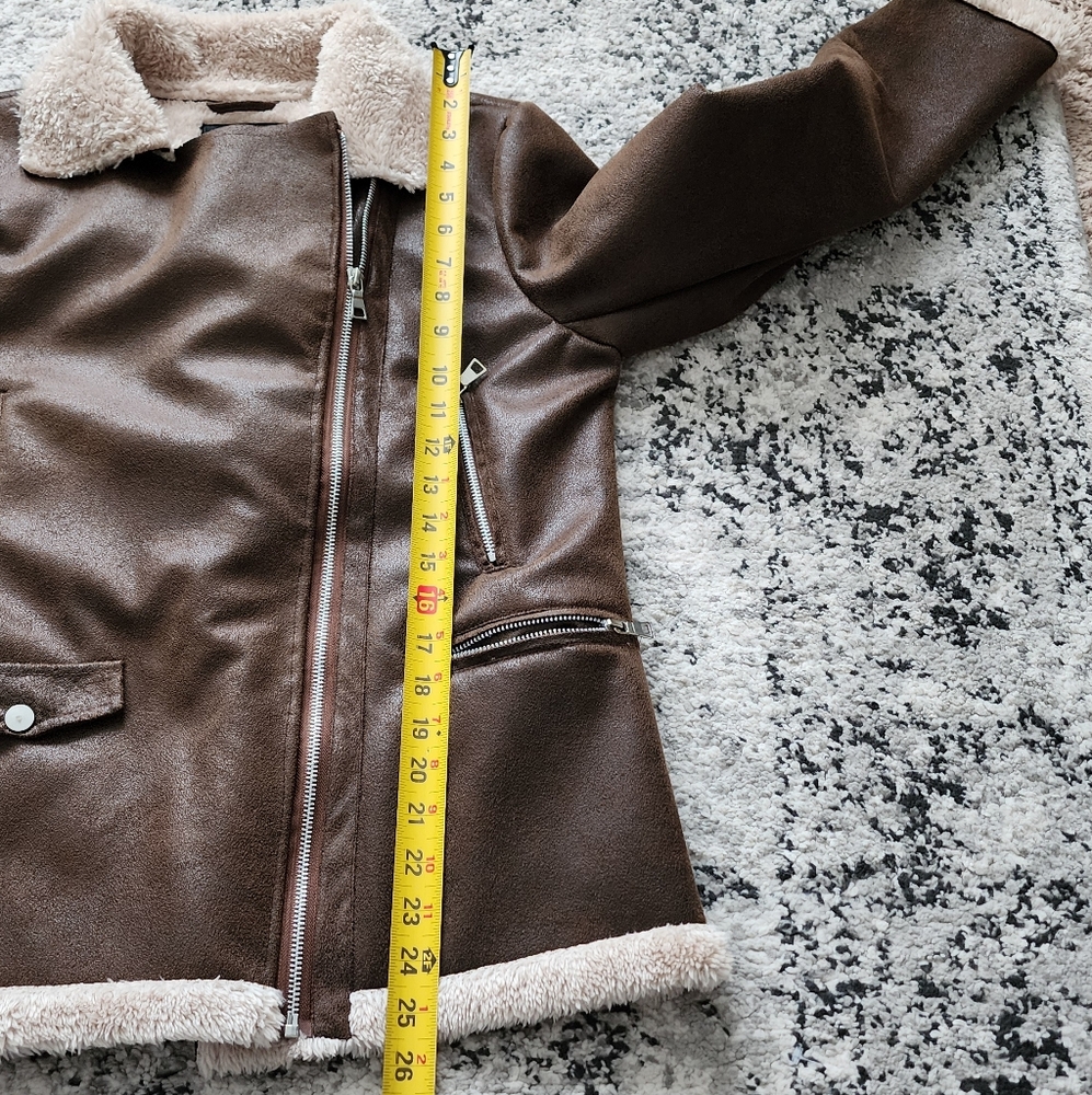 *SOLD* MISS LONDON Faux Leather Aviator Jacket Womens Size M Brown Cream - Picture 7 of 10